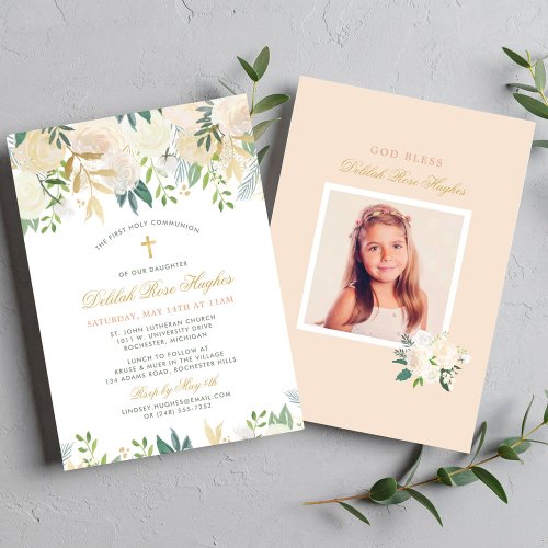 Blush Gold and Green Floral Girl First Communion Invitation