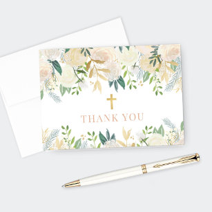 Blush Gold and Green Floral Girl First Communion Thank You Card