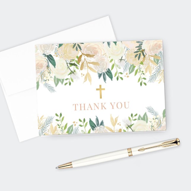 Blush Gold and Green Floral Girl First Communion Thank You Card (Creator Uploaded)