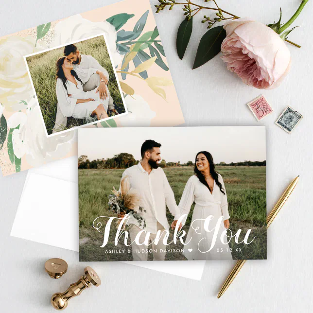 Blush Gold and Green Floral Wedding Photo Monogram Thank You Card Zazzle