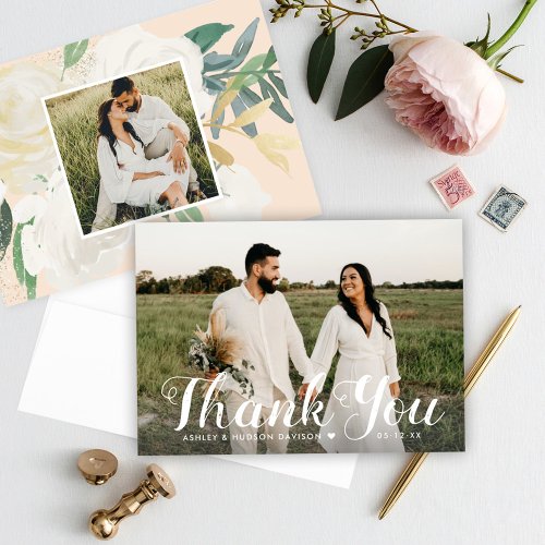 Blush Gold and Green Floral Wedding Photo Monogram Thank You Card