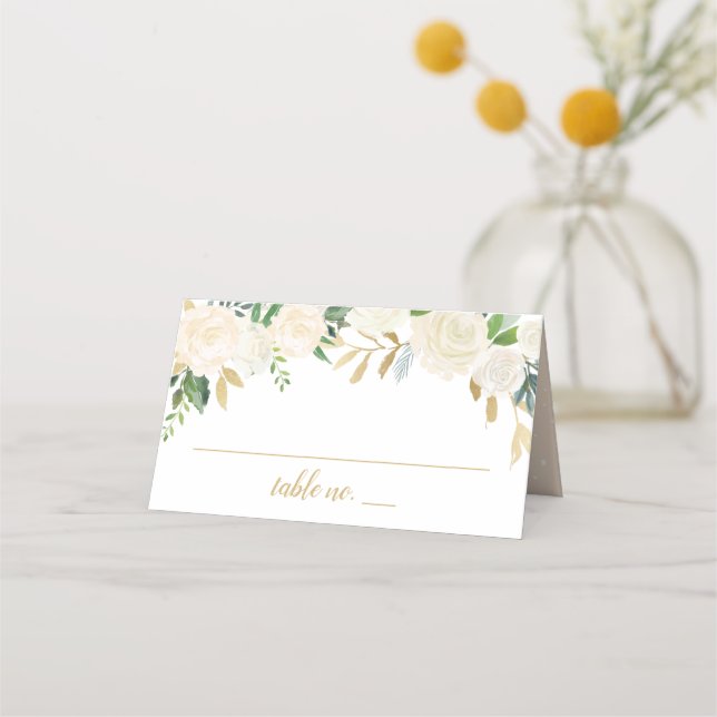 Blush Gold and Green Floral Wedding Place Card (Front)