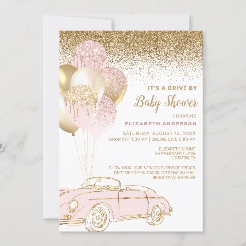 Blush Gold Balloons Virtual Drive by Baby Shower Invitation