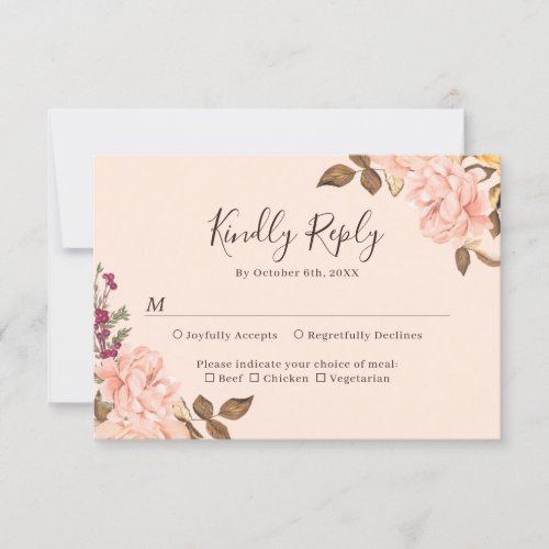 Blush Gold Brown Watercolor Floral Fall Wedding RSVP Card