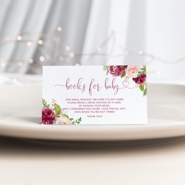 Blush gold burgundy floral books for baby ticket enclosure card (Creator Uploaded)