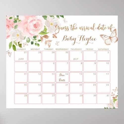 Blush gold butterfly Guess the due Date calendar Poster