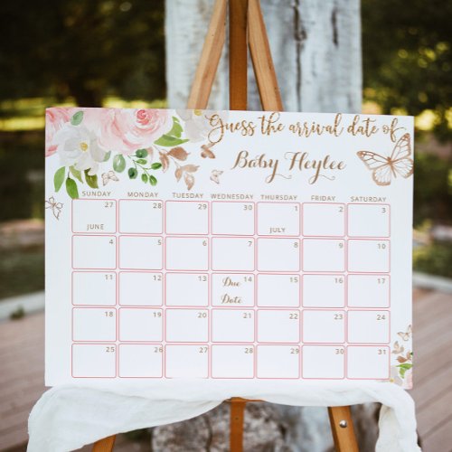 Blush gold butterfly Guess the due Date calendar Poster