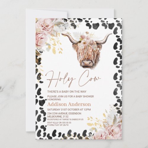 Blush Gold Chic Floral Highland Cow Baby Shower Invitation