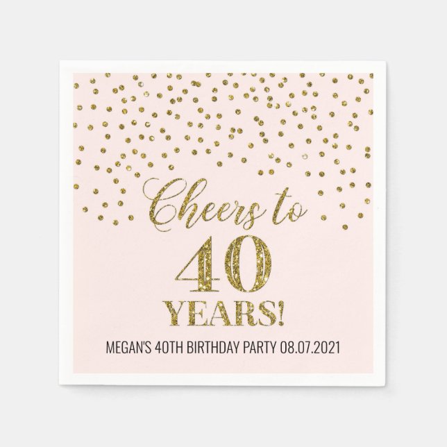Blush Gold Confetti Cheers to 40 Years Birthday Napkins (Front)