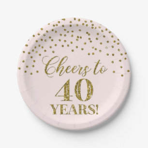 Blush Gold Confetti Cheers to 40 Years Birthday Paper Plates