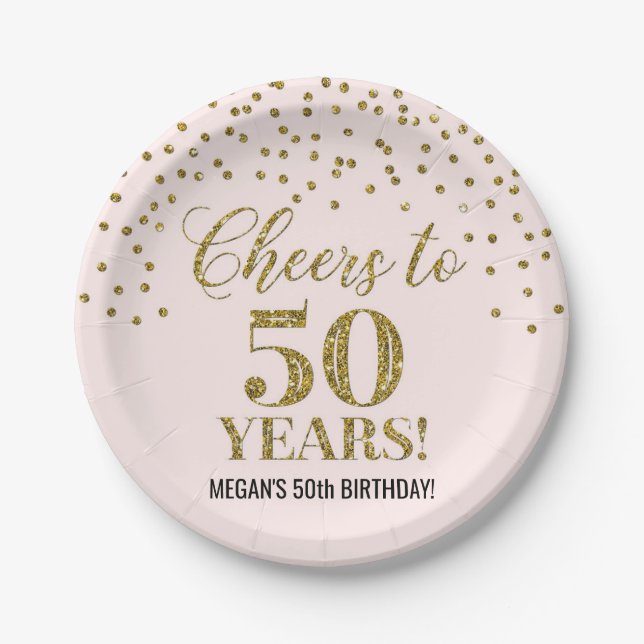 Blush Gold Confetti Cheers to 50 Years Birthday Paper Plates (Front)