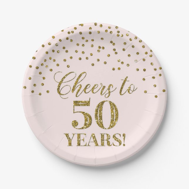 Blush Gold Confetti Cheers to 50 Years Birthday Paper Plates (Front)