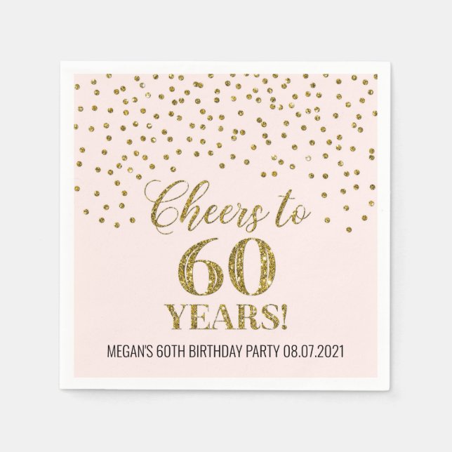 Blush Gold Confetti Cheers to 60 Years Birthday Napkins (Front)