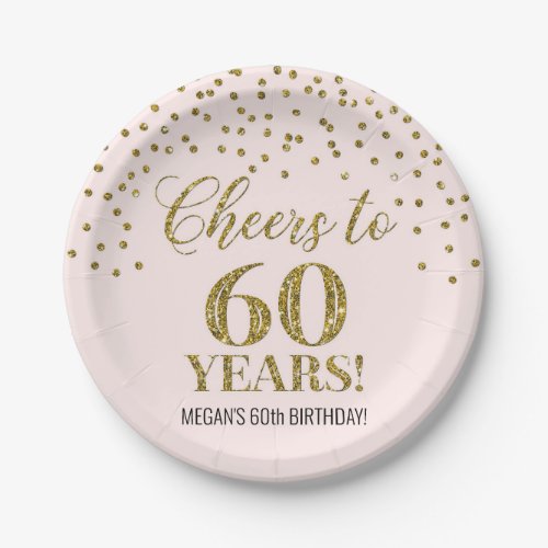 Blush Gold Confetti Cheers to 60 Years Birthday Paper Plates