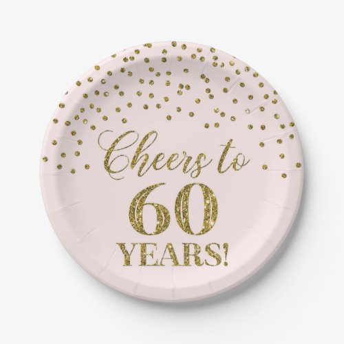 Blush Gold Confetti Cheers to 60 Years Birthday Paper Plates