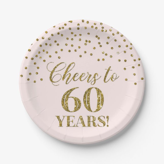 Blush Gold Confetti Cheers to 60 Years Birthday Paper Plates (Front)