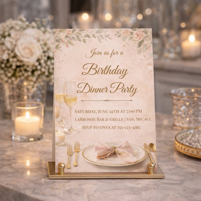 Blush Gold Dinner Party Invitation (Blush florals and gold detail set the tone for a refined birthday dinner gathering)