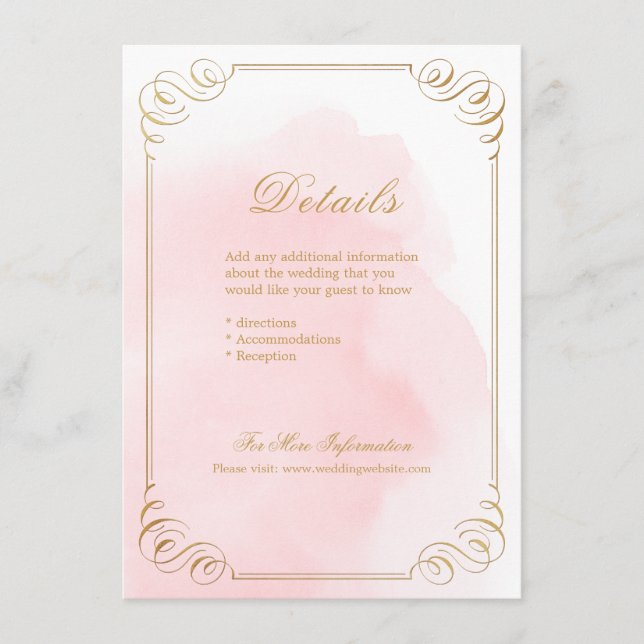 Blush gold elegant calligraphy wedding details enclosure card (Front)