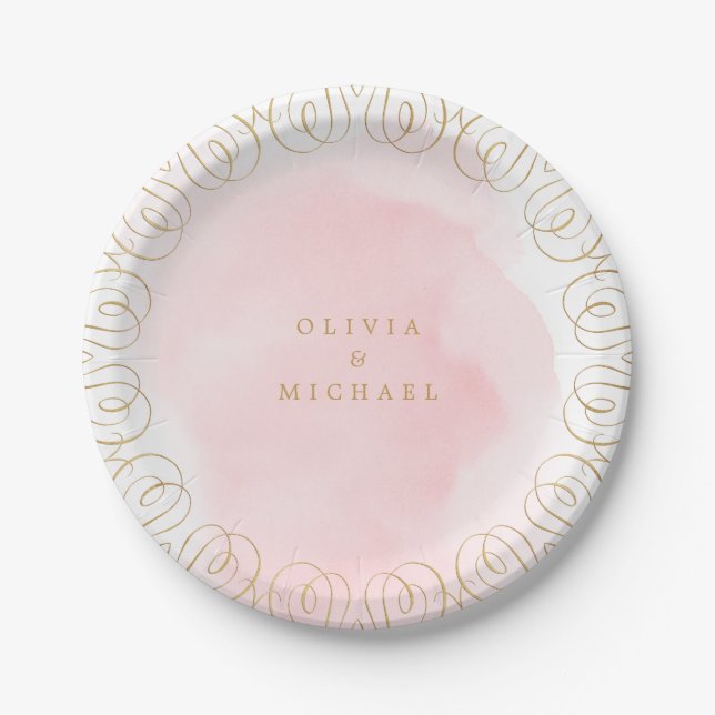 Blush gold elegant flourish calligraphy wedding paper plates (Front)