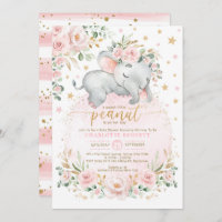 Blush Gold Elephant Floral Moon Stars Baby Shower Invitation