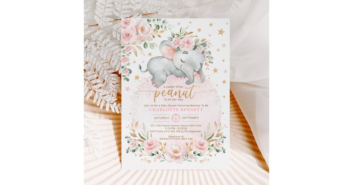 Blush Gold Elephant Floral Moon Stars Baby Shower Invitation | Zazzle