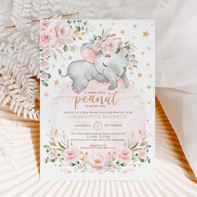 Blush Gold Elephant Floral Moon Stars Baby Shower Invitation | Zazzle