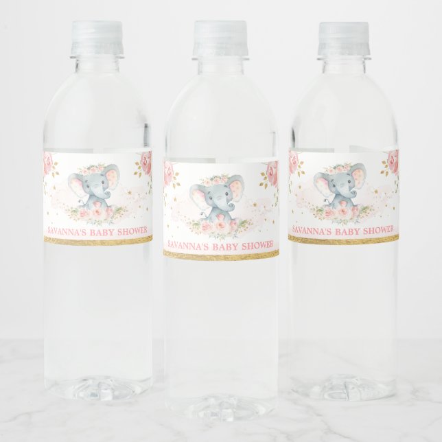 Blush Gold Elephant Girl Baby Shower Favors Water Bottle Label (Bottles)