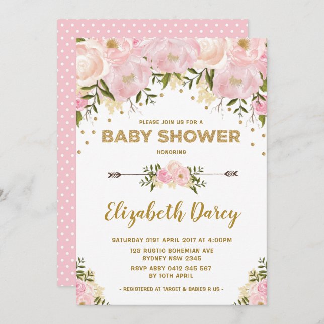 Blush Gold Floral Baby Shower Cottage Chic Invitation (Front/Back)