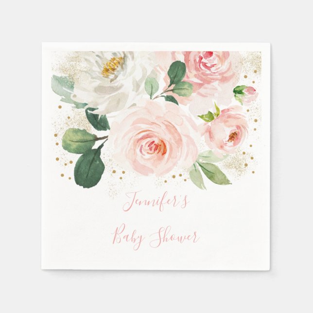 Blush | Gold Floral Baby Shower Napkins (Front)