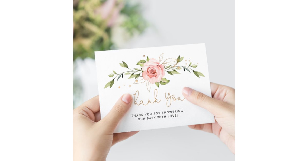 Blush gold floral baby shower thank you card | Zazzle