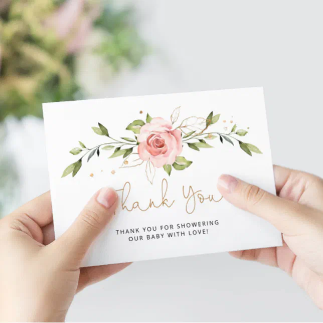 Blush gold floral baby shower thank you card | Zazzle