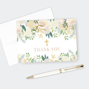 Blush Gold Floral Border First Communion Girl Letterpress Thank You Card
