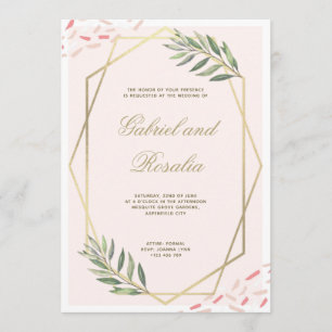 Blush Gold Floral Bordered Geometric Wedding Invitation