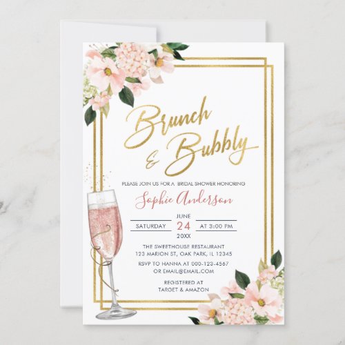 Blush Gold Floral Brunch And Bubbly Bridal Shower  Invitation