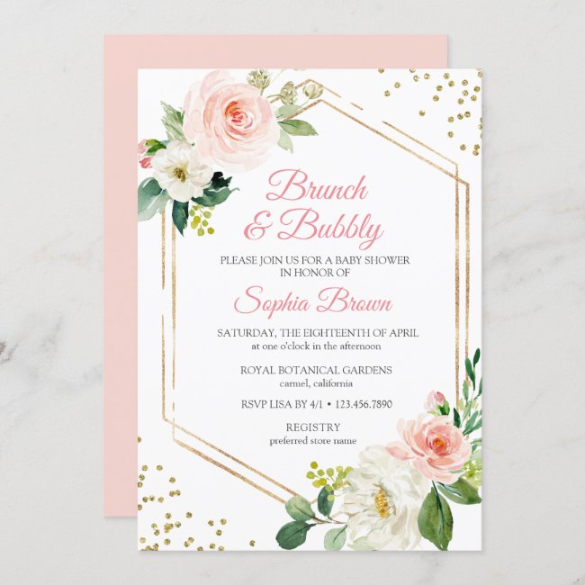 Blush Gold Floral Brunch And Bubbly Bridal Shower Invitation