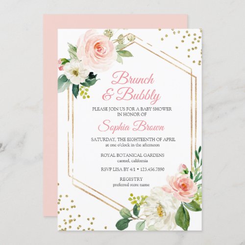 Blush Gold Floral Brunch And Bubbly Bridal Shower Invitation - Pretty and elegant gold glitters blush pink floral leaves white Brunch And Bubbly Bridal Shower Invitation with geometric gold foil frame, and gold glitter.
Modern botanical floral bridal shower brunch invitation features a bouquet of soft pastel watercolor roses, and peonies in shades of blush pink, emerald green, ivory white, with lush green foliage leaves. Personalize with your party details in elegant gray black, gold lettering accented with handwritten style calligraphy surrounded be a geometric gold foil frame. Customize with your desired Brunch And Bubbly Bridal Shower Invitation wording using the template fields.
Blush pink flower geometry gold glitters design is fully customizable. Elegant Script Lettering Typography and Floral Watercolor Flowers Invitation Cards Templates. All text style, colors, sizes can be modified to fit your needs! Ivory, white and pink blush neutral botanical flowers and foliage brunch and bubbly script invites are popular for Spring and Summer 2019.