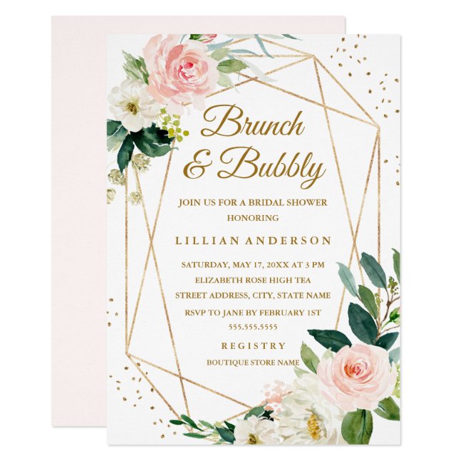 Blush Gold Floral Brunch And Bubbly Bridal Shower Invitation