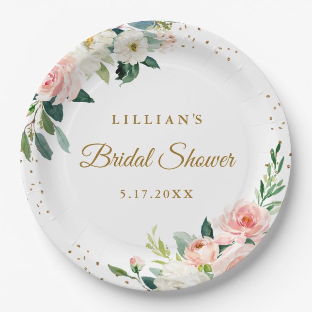 Blush Gold Floral Brunch And Bubbly Paper Plates (Front)