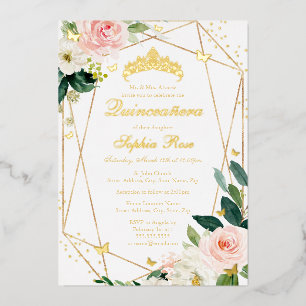 Blush Gold Floral Butterfly Quinceanera Foil Invitation