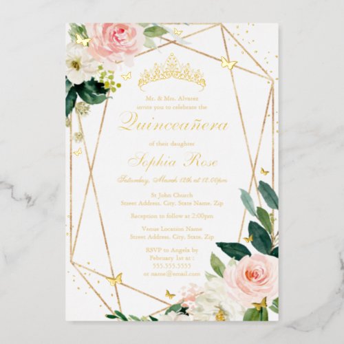 Blush Gold Floral Butterfly Quinceanera Foil Invitation