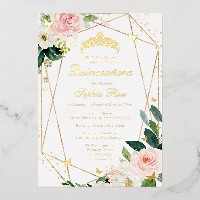 Blush Gold Floral Butterfly Quinceanera Foil Invitation (Front)