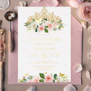 Blush Gold Floral Butterfly Tiara Quinceanera 15th Foil Invitation