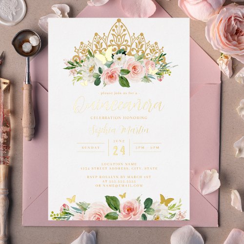Blush Gold Floral Butterfly Tiara Quinceanera 15th Foil Invitation