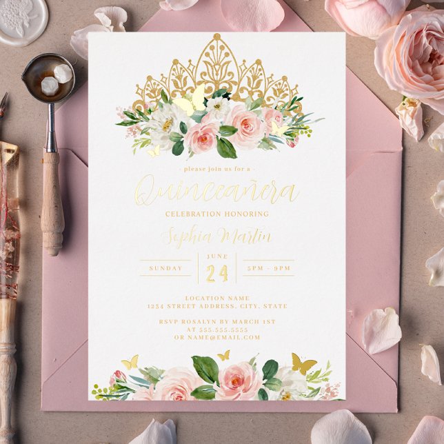 Blush Gold Floral Butterfly Tiara Quinceanera 15th Foil Invitation (Creator Uploaded)