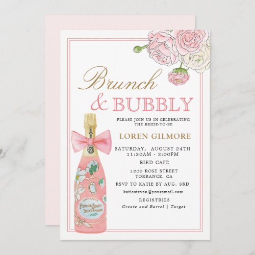 Blush Gold Floral Champagne Brunch and Bubbly Invitation