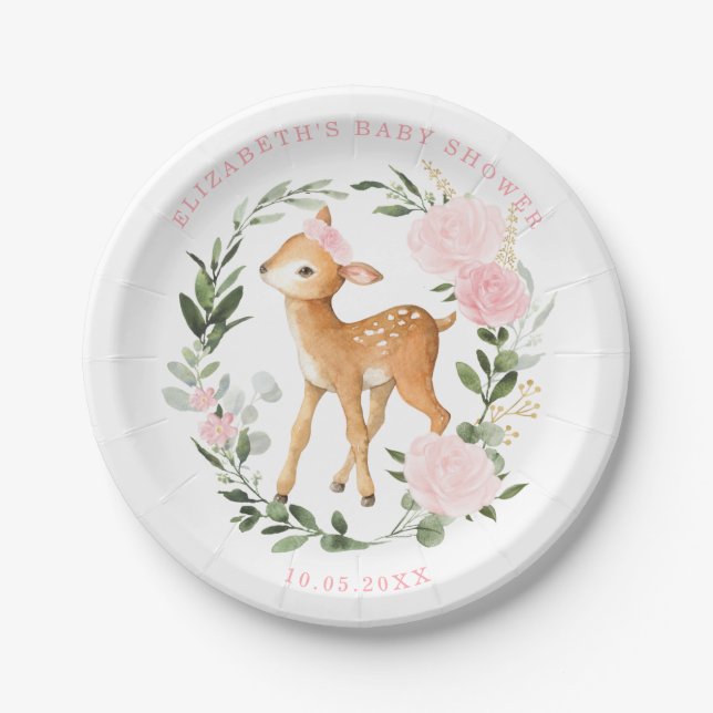 Blush Gold Floral Deer Baby Greenery Forest Shower Paper Plates (Front)