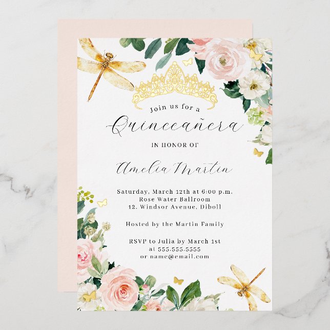 Blush Gold Floral Dragonfly Quinceanera   Foil Invitation (Front/Back)
