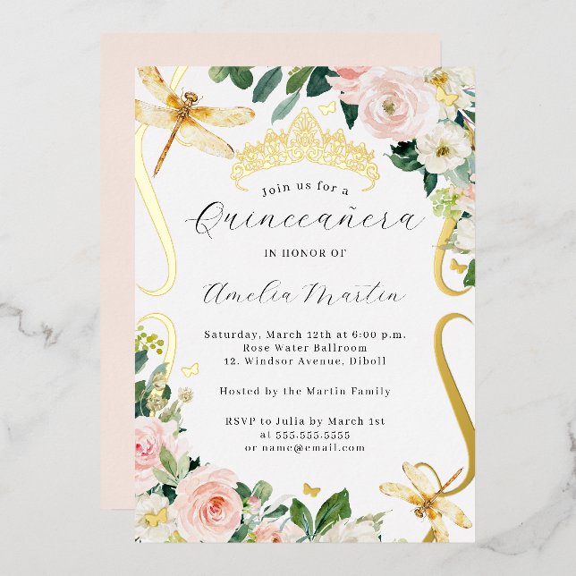 Blush Gold Floral Dragonfly Scroll Quinceanera   Foil Invitation (Front/Back)