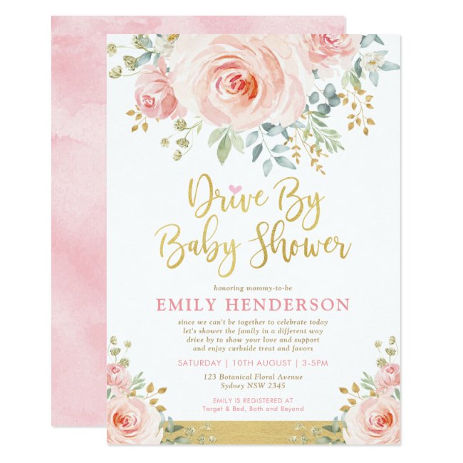 Blush Gold Floral Drive By Baby Shower Quarantine Invitation