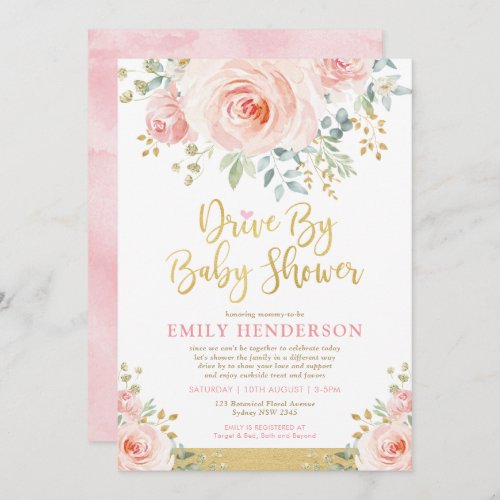 Blush Gold Floral Drive By Baby Shower Quarantine Invitation